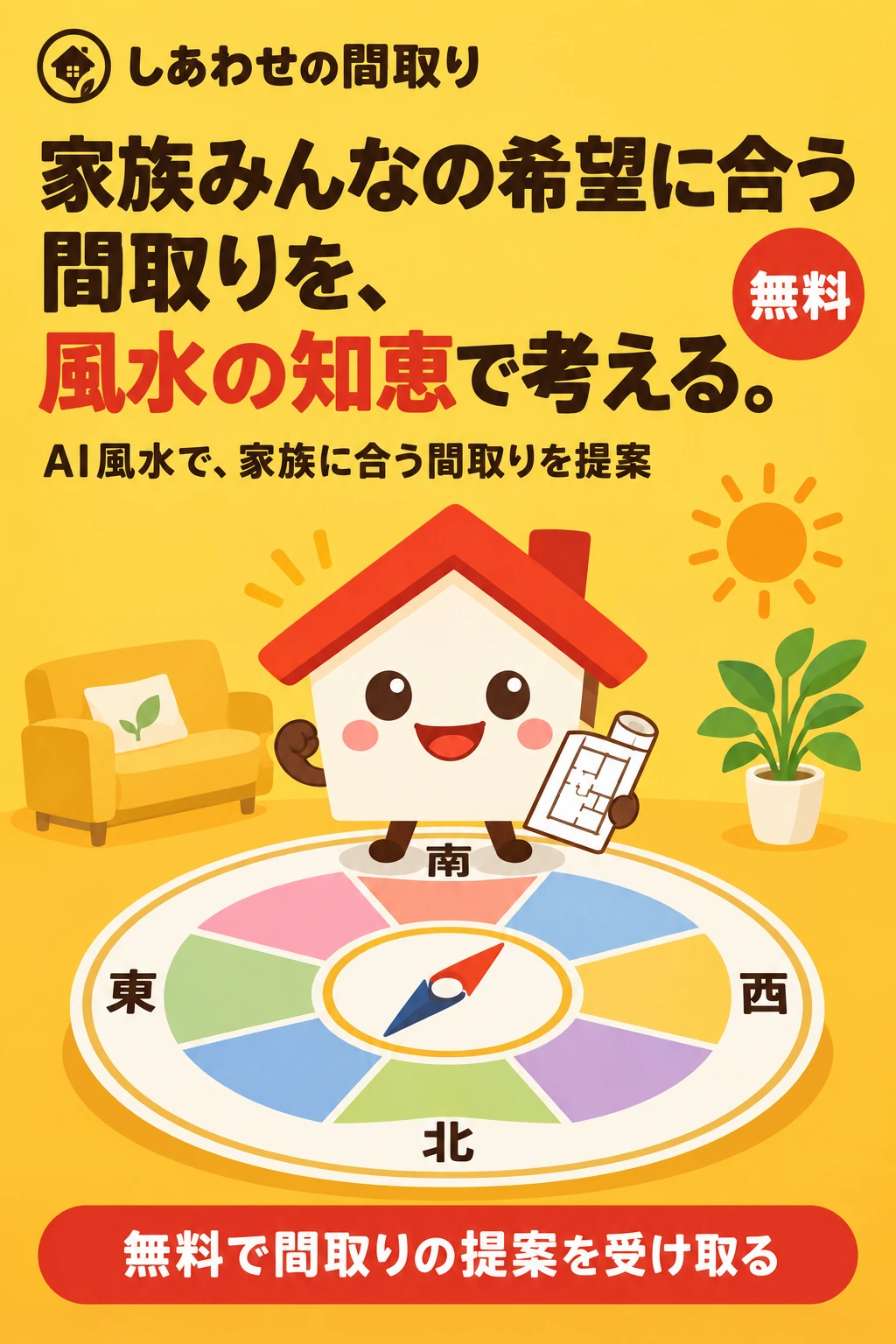 家族みんなの希望に合う間取りを、風水の知恵で考える。AI風水で、家族に合う間取りを提案。無料で間取りの提案を受け取る